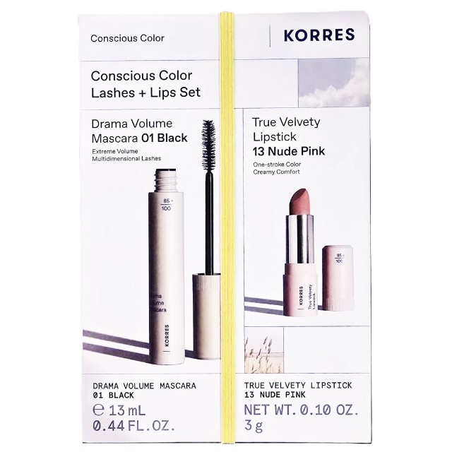 Korres Consicious Colour Πακέτο Drama Volume Mascara 01 Black 13ml & True Velvety Lipstick 13 Nude Pink 3gr