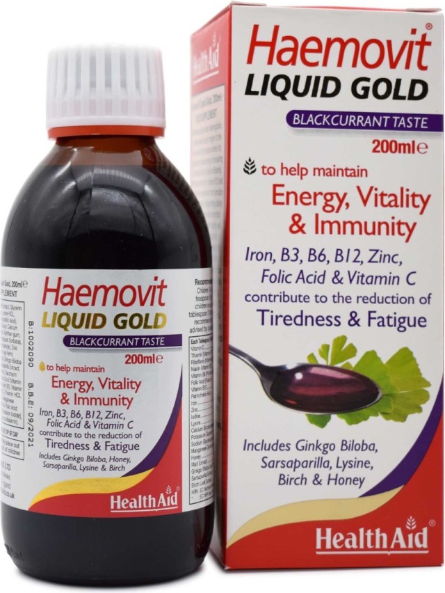 HEALTH AID Ηaemovit liquid Gold Σιρόπι με Βιταμίνες, Μέταλλα, Τζίνγκο Μπιλόμπα & Τζίνσενγκ, 200ml