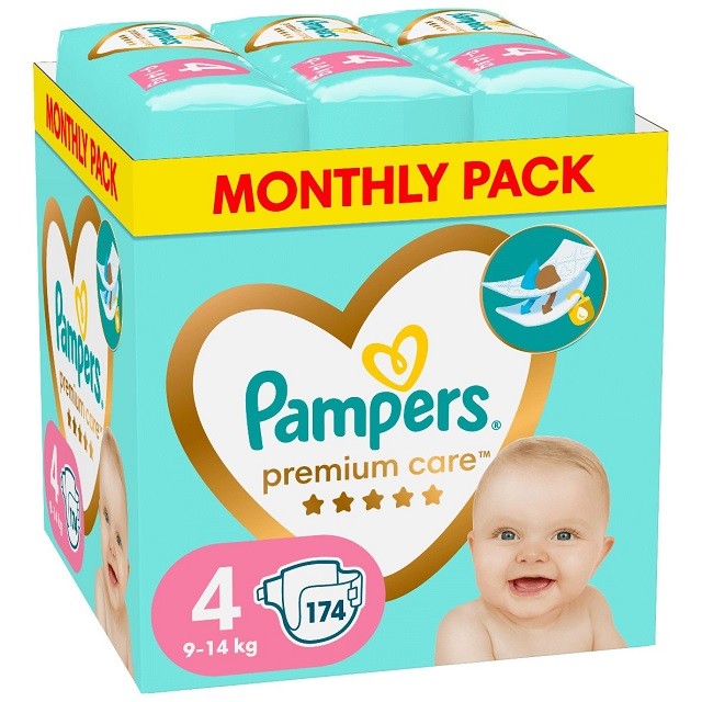 Pampers Premium Care Monthly Pack No4 Βρεφικές Πάνες (9-14kg), 174 Τεμάχια