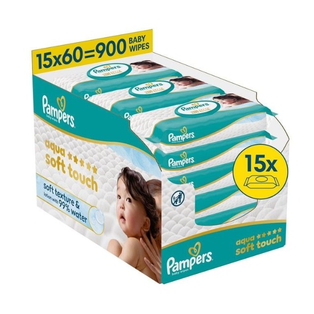 Pampers Μωρομάντηλα Aqua Soft Touch Monthly Βοx (15x60τμχ) 900Τμχ