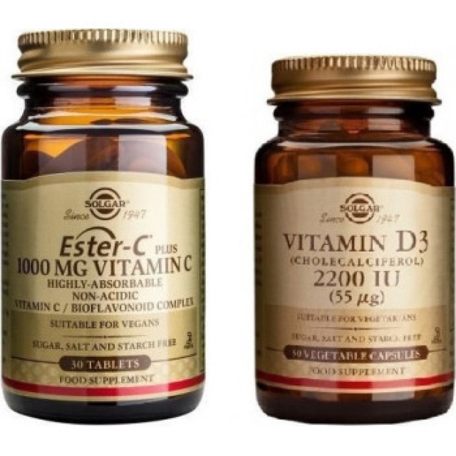 Solgar Ester-C Vitamim C 1000mg για τη Θωράκιση του Οργανισμού, 30 κάψουλες & Solgar Vitamin D3 2200iu 55μg για την Ενίσχυση του Ανοσοποιητικού, 50caps