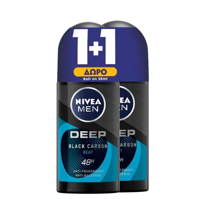 NIVEA Men Deep Πακέτο 1+1 Black Carbon Beat Ανδρικό Αποσμητικό Roll On 48ης Προστασίας, 2x50ml