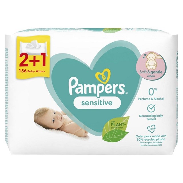 Pampers Sensitive Baby Wipes Μωρομάντηλα (3x52), 156 Τεμάχια