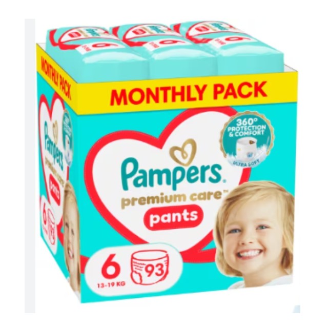 Pampers Premium Care Pants Monthly Pack No6 Πακέτο Πάνες Βρακάκι (13-19kg) 93 Τεμάχια