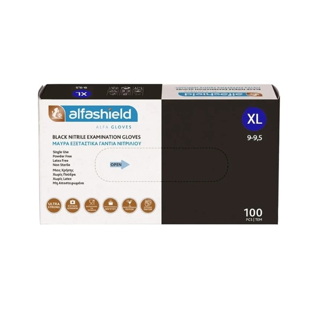 Alfashield Μαύρα Γάντια Νιτριλίου μιας Χρήσης Χωρίς Πούδρα XLarge 100τμχ