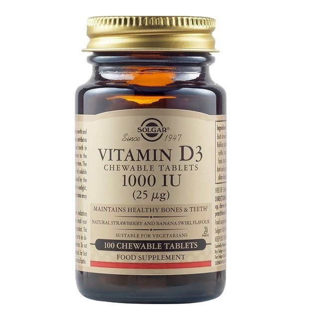 Solgar Vitamin D3 1000IU (25μg) Συμπλήρωμα Διατροφής Μασώμενη Βιταμίνη D3 Με Γεύση Φράουλα & Μπανάνα, 100 Κάψουλες
