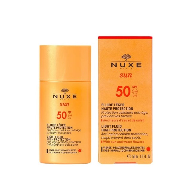 NUXE Sun Light Fluid SPF50, Αντηλιακή Αντιγηραντική Κρέμα Προσώπου Κατά των Κηλίδων για Κανονικές / Μικτές Επιδερμίδες, High Protection, 50ml