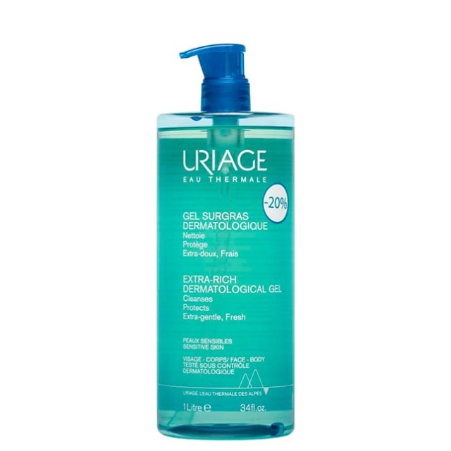 URIAGE Eau Thermale Extra Rich Dermatological Gel, Τζελ Καθαρισμού Για Πρόσωπο & Σώμα για Ευαίσθητες Επιδερμίδες, 1L