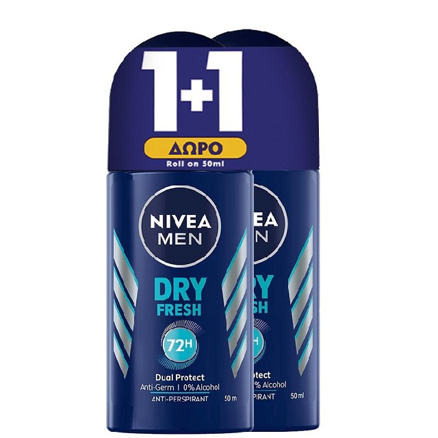 NIVEA Men Dry Fresh Πακέτο 1+1  Ανδρικό Αποσμητικό Roll On 72ης Προστασίας, 2x50ml