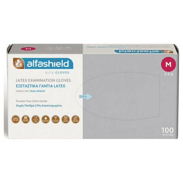 Alfashield Γάντια Εξεταστικά Latex Χωρίς Πούδρα Medium 100τμχ