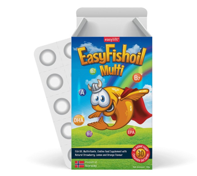 EASYVIT EasyFishoil Multi Παιδικό Συμπλήρωμα Διατροφής Με Ωμέγα 3 Χολίνη & Βιταμίνες Με Γεύση Λεμόνι & Πορτοκάλι, 30 Ζελεδάκια