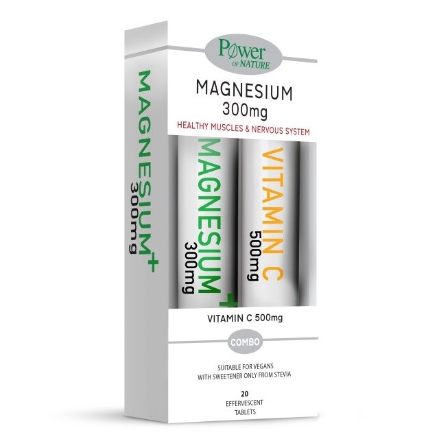 Power of Nature Πακέτο Magnesium 300mg Συμπλήρωμα Διατροφής Με Μαγνήσιο, 20 Αναβράζοντα Δισκία & ΔΩΡΟ Vitamin C 500mg, 20 Αναβράζοντα Δισκία