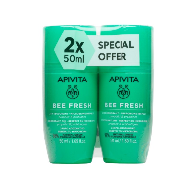 Apivita Bee Fresh 24H Deodorant Microbiome Respect Αποσμητικό Roll On 24ωρης Προστασίας με Πρόπολη & Προβιοτικά 2 x 50ml