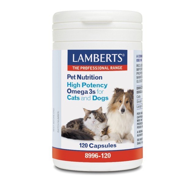 LAMBERTS Pet Nutrition High Potency Omega 3s for Cats & Dogs, Συμπληρωματική Ζωοτροφή με Ωμέγα 3 Λιπαρά Οξέα, 120 κάψουλες (8996-120)