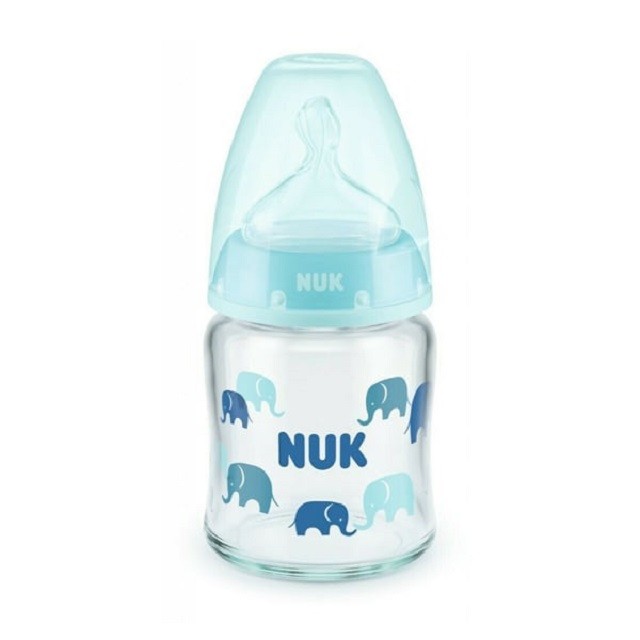 Nuk First Choice+ Γυάλινο Μπιμπερό Με Θηλή Σιλικόνης Για 0-6m Γαλάζιο Με Ελεφαντάκια, 120ml