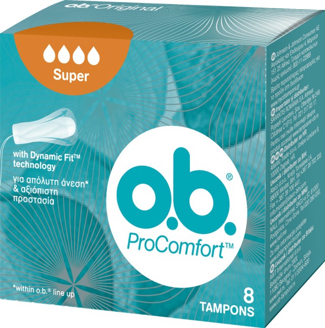 O.B. ProComfort Curved Grooves Super Tampons, Ταμπόν OB Μεγάλης Ροής, 8τεμ.