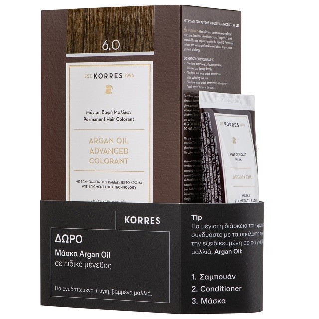Korres Argan Oil Πακέτο Advanced Colorant Μόνιμη Βαφή Μαλλιών 6.0 Ξανθό Σκούρο, 50ml & ΔΩΡΟ Hair Mask Argan Oil Μάσκα Μαλλιών, 40ml