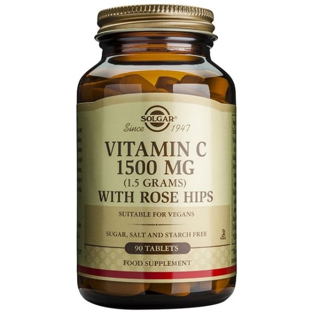 Solgar Vitamin C 1500mg with Rose Hips Συμπλήρωμα Διατροφής Βιταμίνη C για Ενίσχυση του Ανοσοποιητικού & Αντιοξειδωτική Δράση, 90tabs