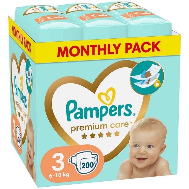 Pampers Premium Care Monthly Pack Νο3 Βρεφικές Πάνες (6-10kg), 200 Τεμάχια
