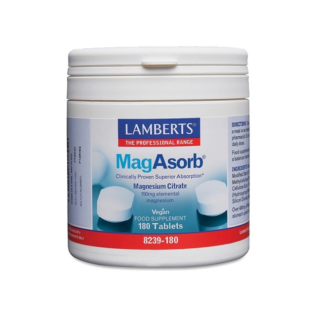 LAMBERTS MagAsorb Magnesium 150mg (as Citrate), Μαγνήσιο Υψηλής Απορρόφησης (σε κιτρικό μαγνήσιο), 180 Ταμπλέτες 8239-180