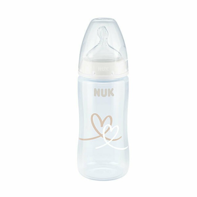NUK Μπιμπερό Πλαστικό 6-18m First Choice Plus Με Δείκτη Ελέγχου Θερμοκρασίας Άσπρο Με Καρδιές (10.741.940), 300ml