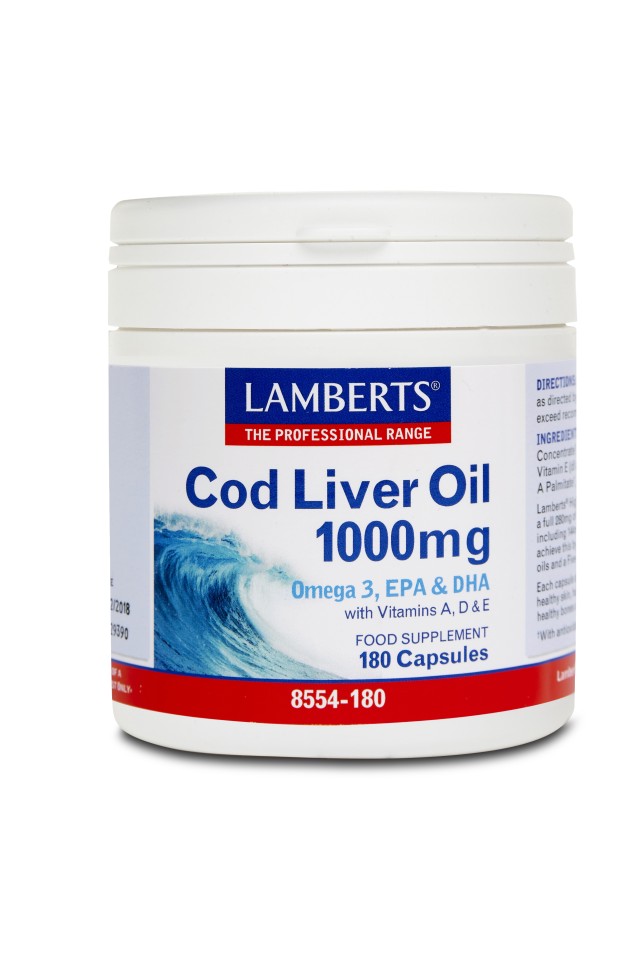 Lamberts Cod Liver Oil 1000mg Μουρουνέλαιο Ωμέγα 3, 180 κάψουλες 8554-180