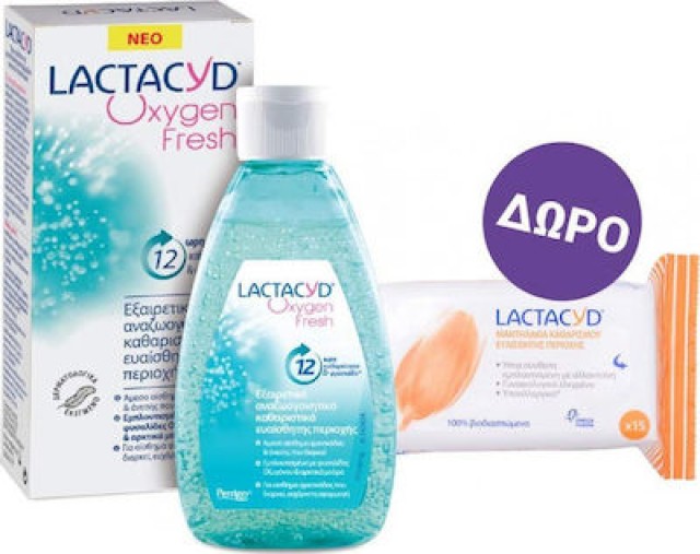 LACTACYD Πακέτο Oxygen Fresh Wash Αναζωογονητικό Καθαριστικό Gel Της Ευαίσθητης Περιοχής, 200ml & Δώρο Intimate Wipes Μαντηλάκια Καθαρισμού, 15τμχ
