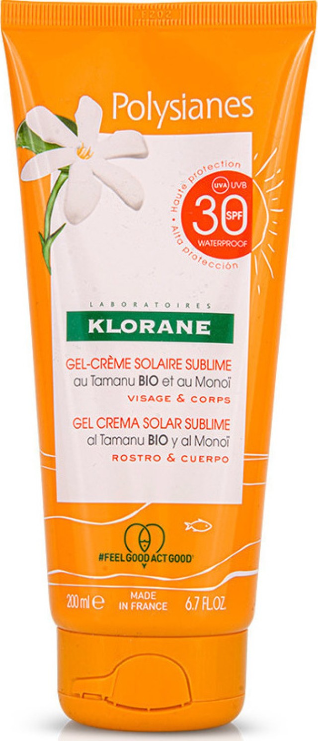 KLORANE Polysianes Sunscreen Gel Cream SPF30 Tamanu Βio & Monoi, Αντηλιακή Κρέμα Προσώπου & Σώματος 200ml