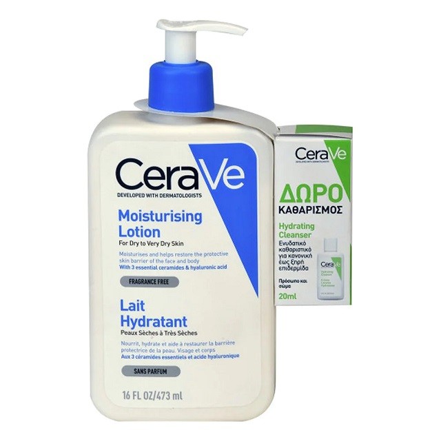 Cerave Moisturising Lotion Πακέτο Ενυδατική Κρέμα Προσώπου & Σώματος, 473ml & ΔΩΡΟ Hydrating Cleanser Ενυδατική Κρέμα Καθαρισμού, 20ml