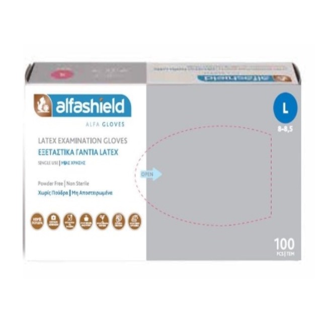 Alfashield Γάντια Εξεταστικά Latex Χωρίς Πούδρα Large 100τμχ
