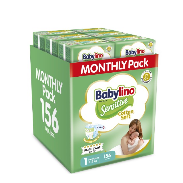 Babylino Sensitive Cotton Soft Monthly Box No.1 Newborn (2-5kg) Βρεφικές Πάνες 156 Τεμάχια