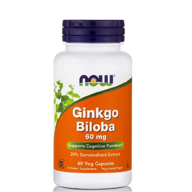 NOW FOODS Ginkgo Biloba 60mg Συμπλήρωμα Διατροφής Για Τον Εγκέφαλο & Την Μνήμη, 60 Φυτικές Κάψουλες