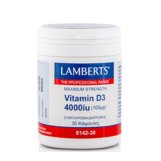 Lamberts Vitamin D3 4000iu, Υγεία Οστών, Δοντιών, Ανοσοποιητικού (100μg) 30caps 8142-30