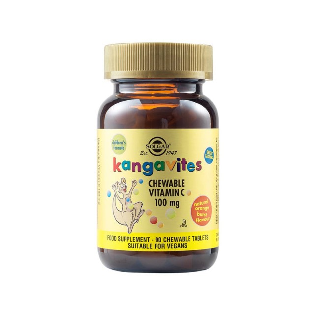 Solgar Kangavites Chewable Vitamin C 100mg Συμπλήρωμα Διατροφής Βιταμίνης C για Παιδιά 3 ετών και άνω - Γεύση Πορτοκάλι, 90chew.tabs