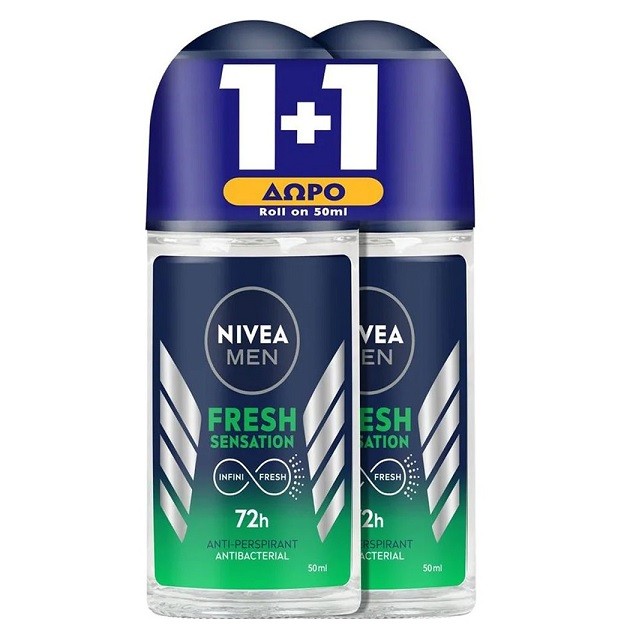 Nivea Πακέτο Men Fresh Sensation 72h Anti-Perspirant Roll-On Ανδρικό Αποσμητικό Με Αντιβακτηριακές Ιδιότητες, 2x50ml
