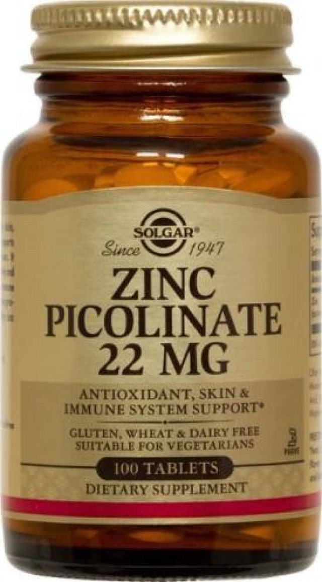 SOLGAR Zinc Picolinate 22mg Συμπλήρωμα Διατροφής Ψευδαργύρου για Τόνωση του Ανοσοποιητικού & της Αναπαραγωγικής Υγείας, 100tabs