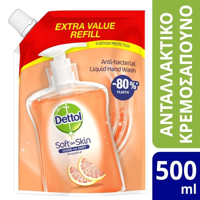 Dettol Refill Ανταλλακτικό Αντιβακτηριδιακό Υγρό Κρεμοσάπουνο Σακουλάκι Grapefruit, 500ml