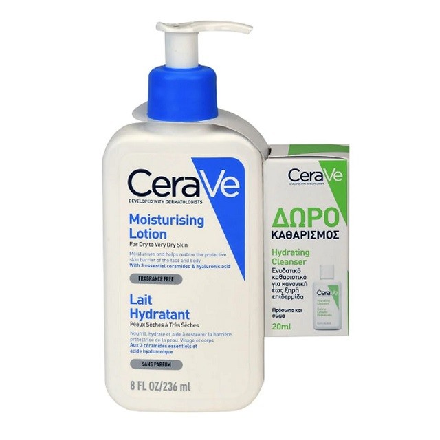 Cerave Moisturising Lotion Πακέτο Ενυδατική Κρέμα Προσώπου & Σώματος, 236ml & ΔΩΡΟ Hydrating Cleanser Ενυδατική Κρέμα Καθαρισμού, 20ml