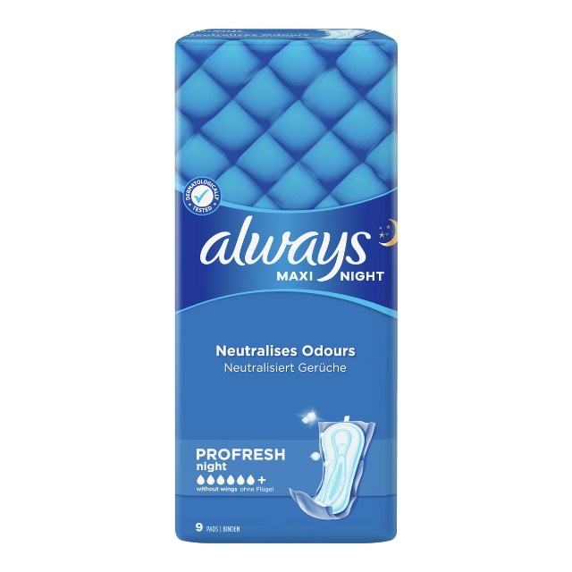 Always Maxi Profresh Night Σερβιέτες Νυκτός για Αυξημένη Ροή 9τμχ