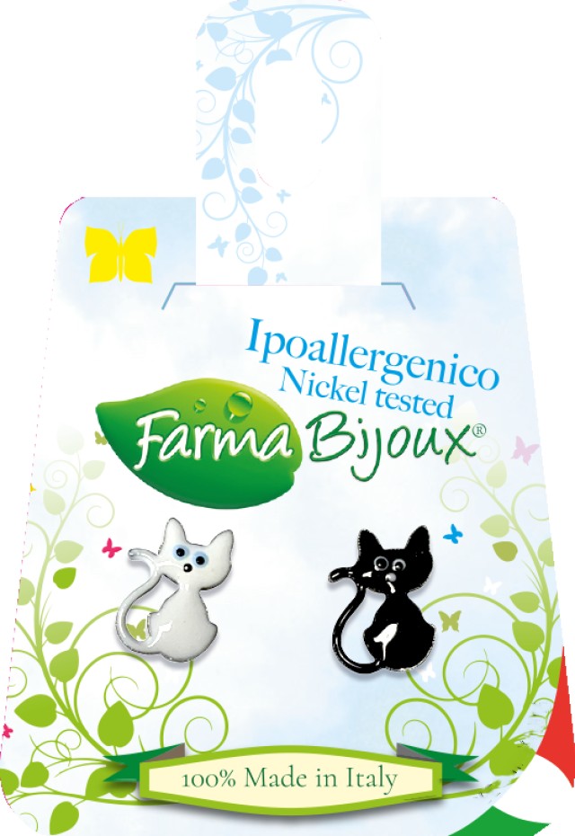 FARMA BIJOUX Σκουλαρίκια Υποαλλεργικά Γάτες Μαύρη & Άσπρη 10mm, 1 Ζευγάρι