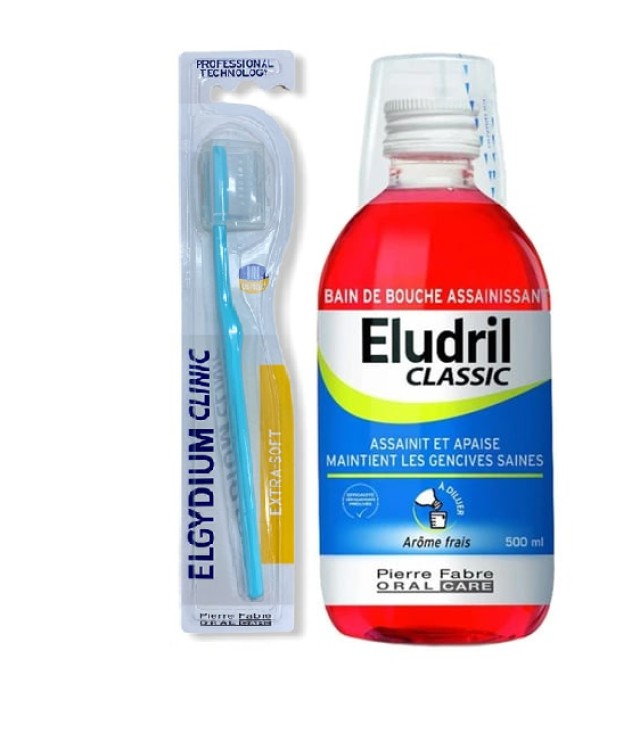 ELGYDIUM Eludril Classic Promo Pack Στοματικό Διάλυμα κατά της Πλάκας 500ml & Clinic Extra Soft 15/100 Οδοντόβουρτσα 1τμχ (το Δεύτερο Προϊόν με 1€)