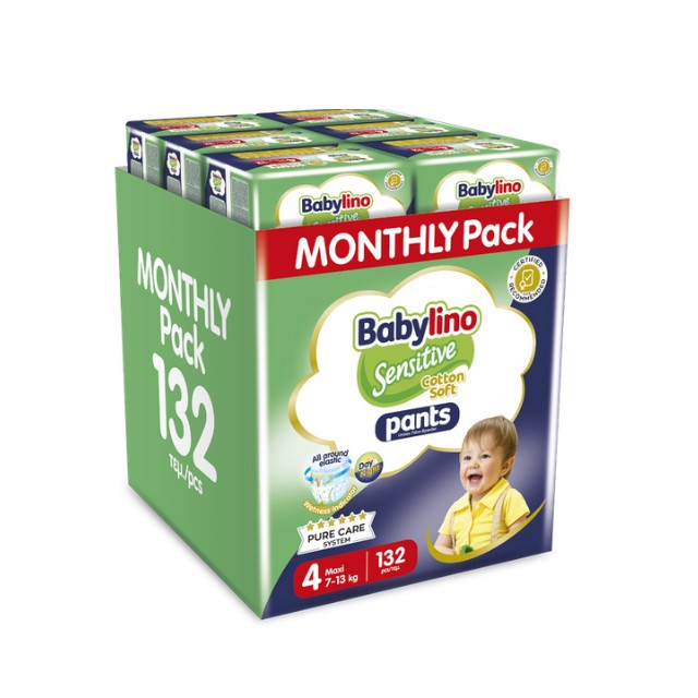 Babylino Sensitive Cotton Soft Monthly Box Unisex Maxi No.4 (7-13kg ) Πάνα Βρακάκι 132 Τεμάχια