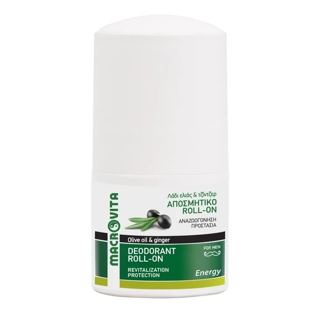 Macrovita Energy Deodorant Roll-on Fof Men with Olive Oil & Ginger Αποσμητικό Με Λάδι Ελιάς & Τζίντζερ, 50ml