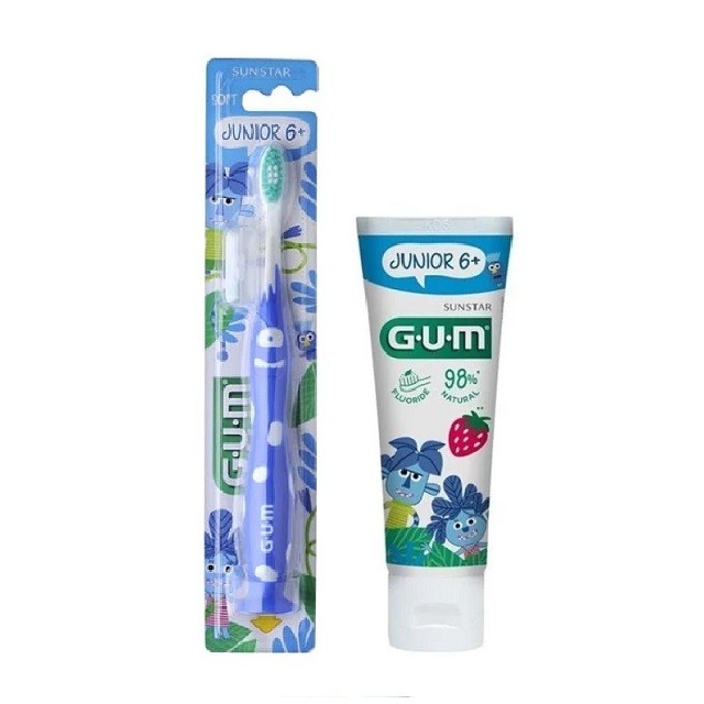 Gum Πακέτο Junior 6+ Οδοντόβουρτσα Soft Μπλέ & ΔΩΡΟ Gum Παιδική Οδοντόκρεμα Junior 6+ Με Γεύση Φρούτων, 50ml