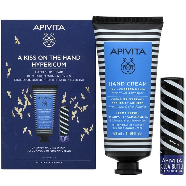 Apivita Promo A Kiss On The Hand Hypericum Κρέμα Χεριών Για Ξηρά-Σκασμένα Χέρια, 50ml & Lip Care Cocoa Butter Spf20, 4,4g