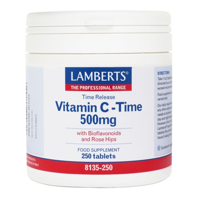 LAMBERTS Vitamin C Time Release 500mg, Συμπλήρωμα με Βιταμίνη C για Τόνωση & Ενίσχυση του Ανοσοποιητικού, 250 ταμπλέτες 8135-250
