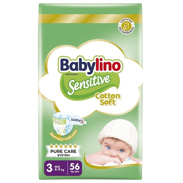Babylino Sensitive Cotton Soft Value Pack Midi No3 (4-9kg) Βρεφικές Πάνες, 56 Τεμάχια