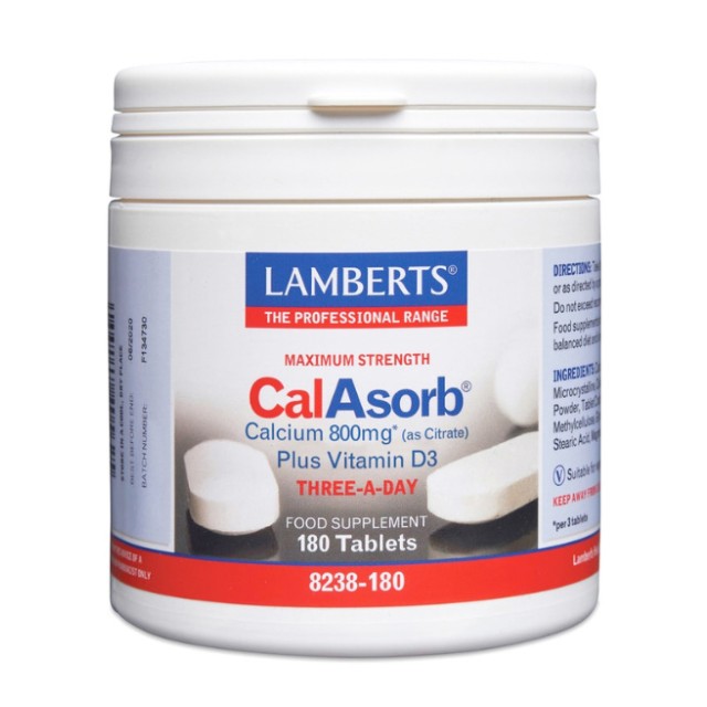 Lamberts CalAsorb Calcium 800mg Vitamin D3 , Συμπλήρωμα Διατροφής Με Ασβέστιο, 180 Ταμπλέτες (8238-180)