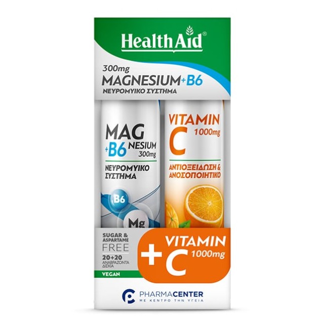 Health Aid Πακέτο Magnesium + B6 & Vitamin C 1000mg 2x20 Αναβράζοντα Δισκία