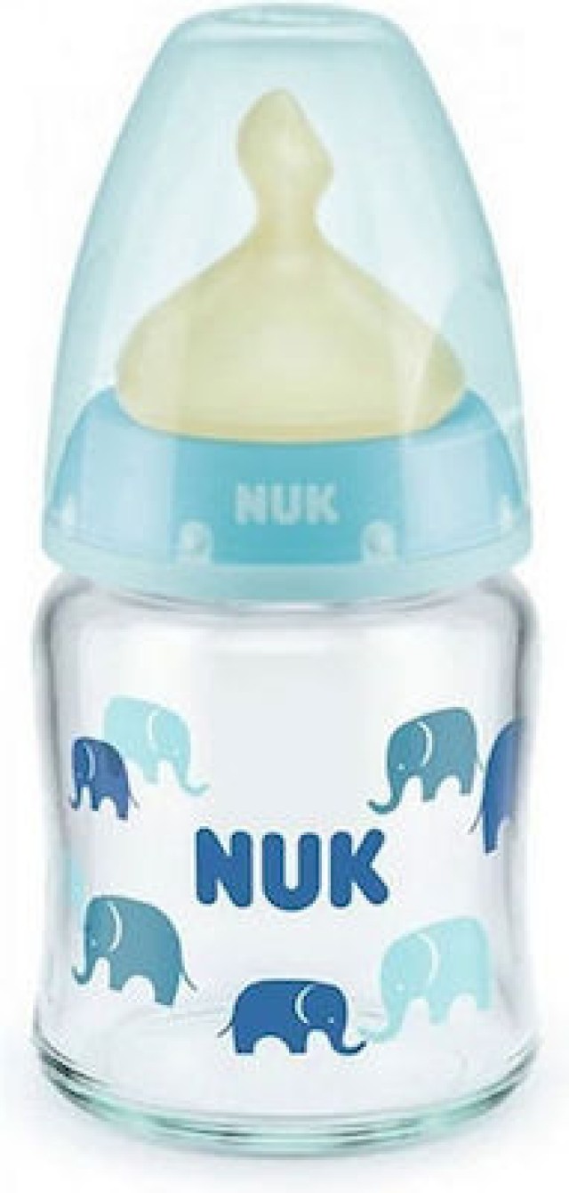 NUK Γυάλινο Μπιμπερό 0-6m First Choice Plus Με Θηλή Καουτσούκ Γαλάζιο Με Ελέφαντες (10.747.118), 120ml